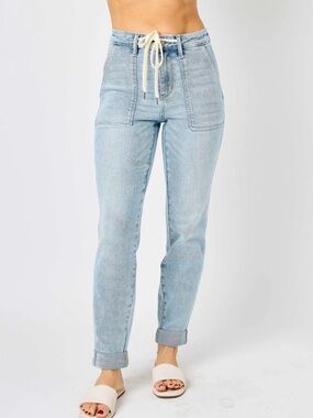 Judy Blue Light Blue High-Rise Boyfriend Jeans with Drawstring
